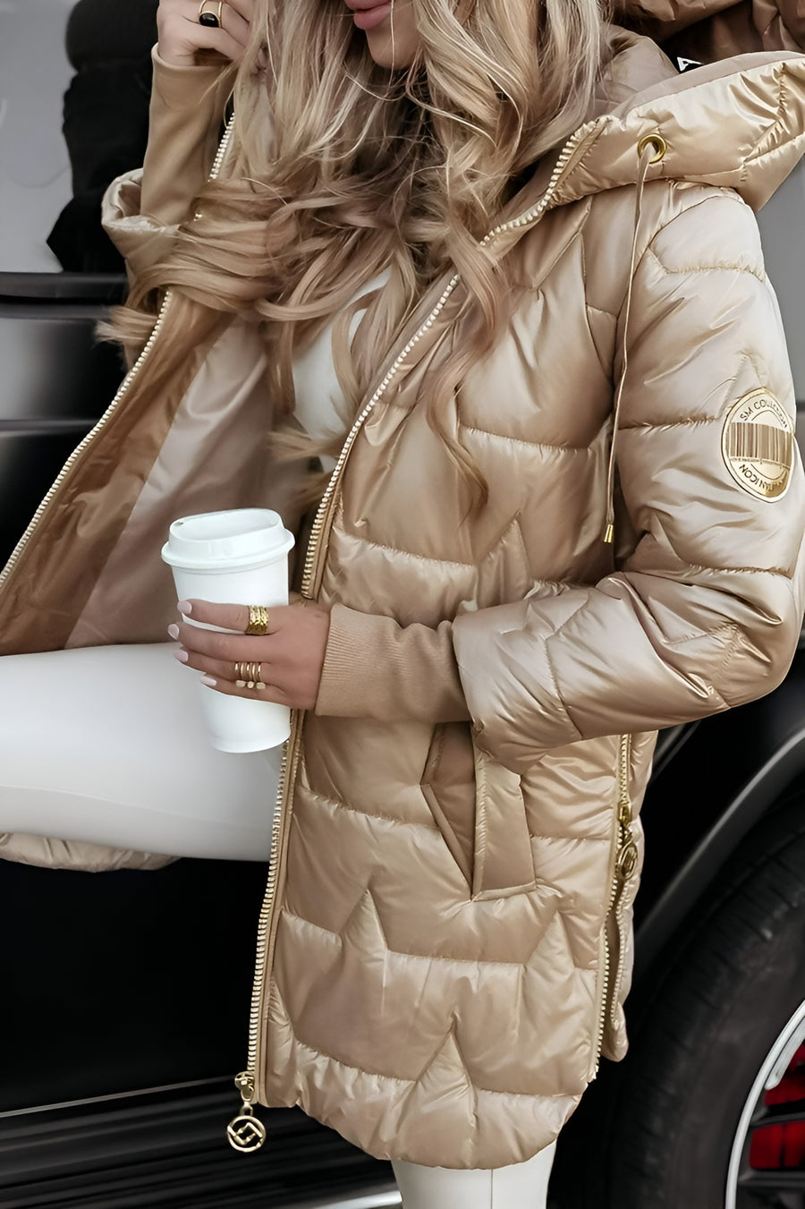 Women's Quilted Shell Puffer Jacket with Hood and Side Buttons