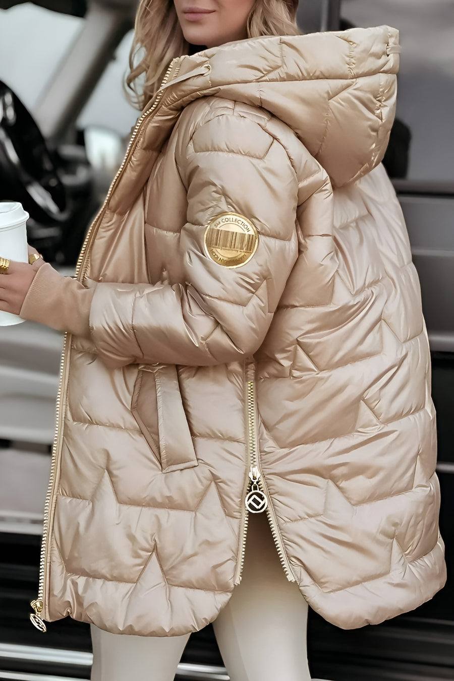 Women's Quilted Shell Puffer Jacket with Hood and Side Buttons