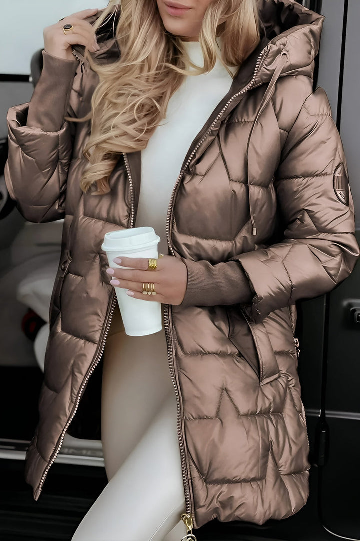 Women's Quilted Shell Puffer Jacket with Hood and Side Buttons