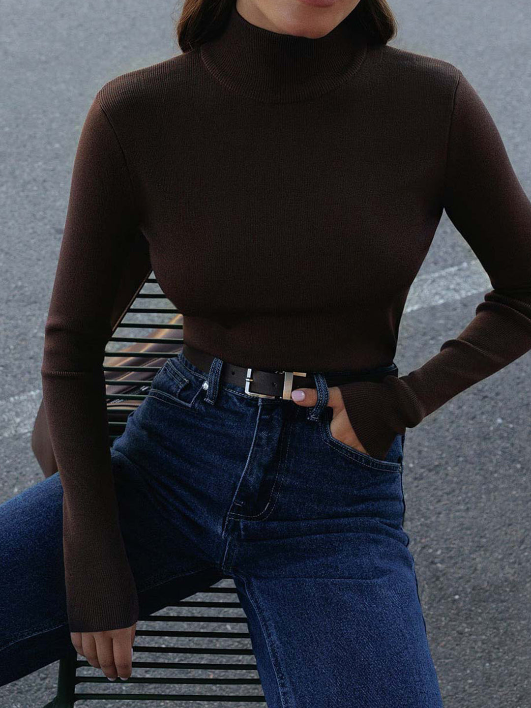 Women's Ribbed Sweater with Stand-Up Collar and Long Sleeves