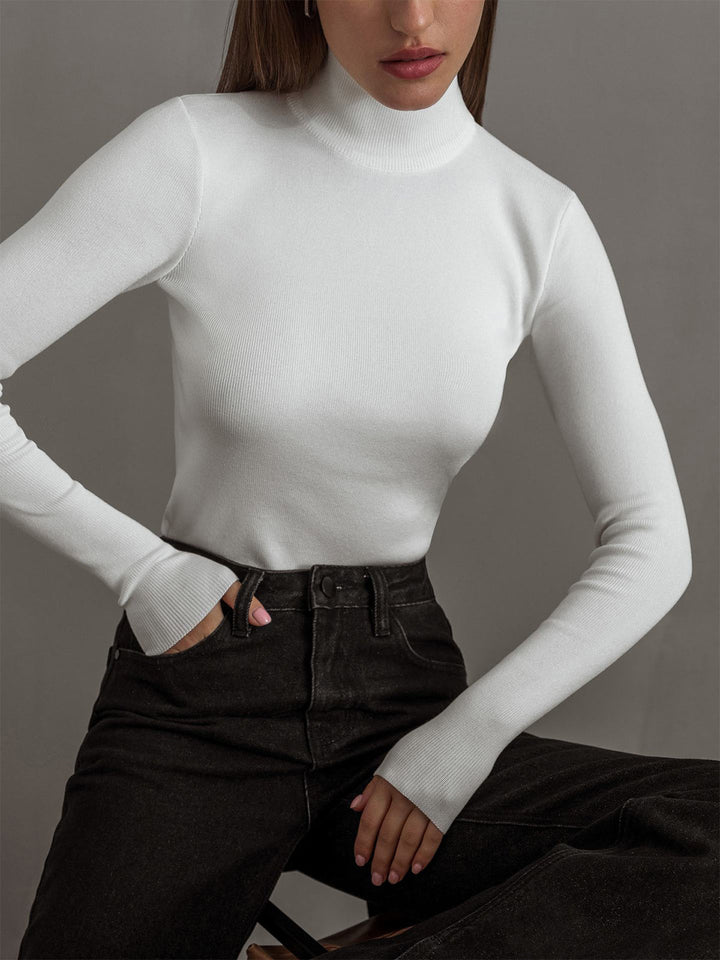 Women's Ribbed Sweater with Stand-Up Collar and Long Sleeves