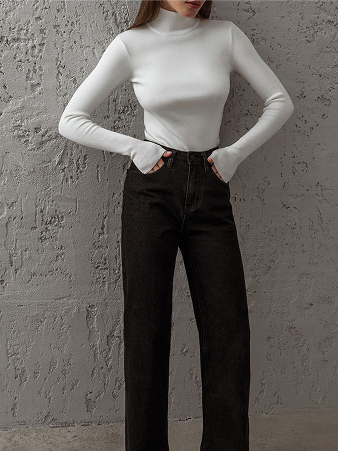 Women's Ribbed Sweater with Stand-Up Collar and Long Sleeves