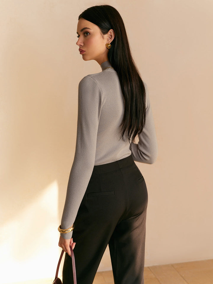 Women's Ribbed Sweater with Stand-Up Collar and Long Sleeves