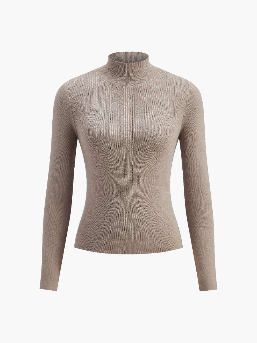 Women's Ribbed Sweater with Stand-Up Collar and Long Sleeves