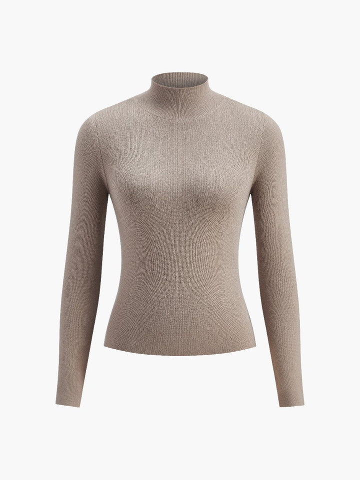 Women's Ribbed Sweater with Stand-Up Collar and Long Sleeves