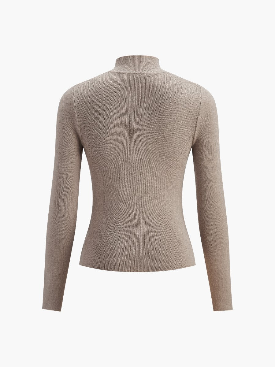 Women's Ribbed Sweater with Stand-Up Collar and Long Sleeves
