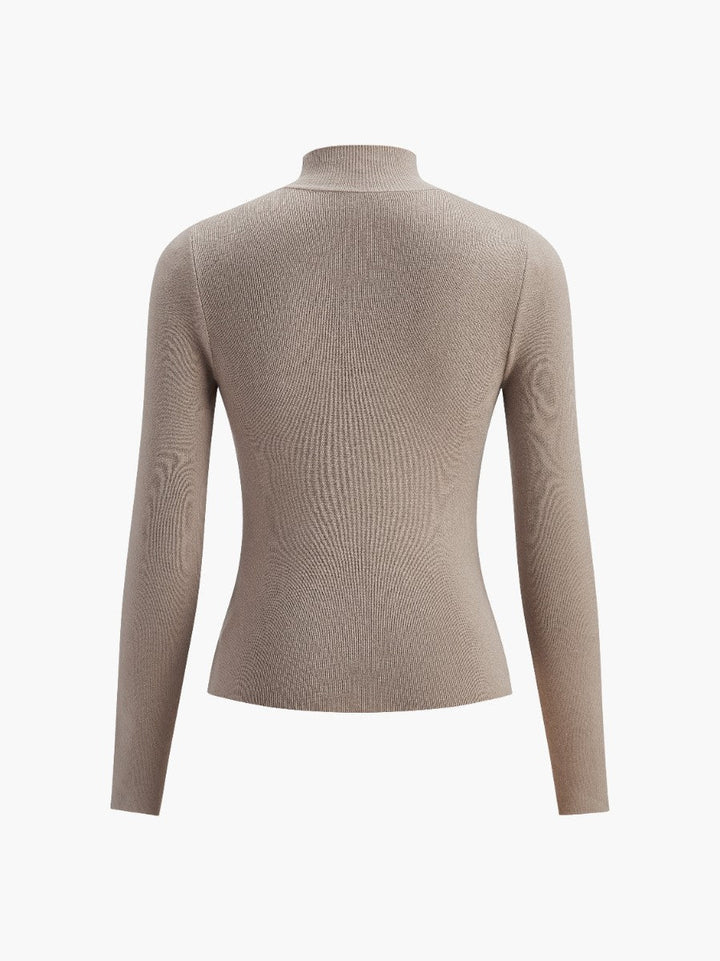 Women's Ribbed Sweater with Stand-Up Collar and Long Sleeves