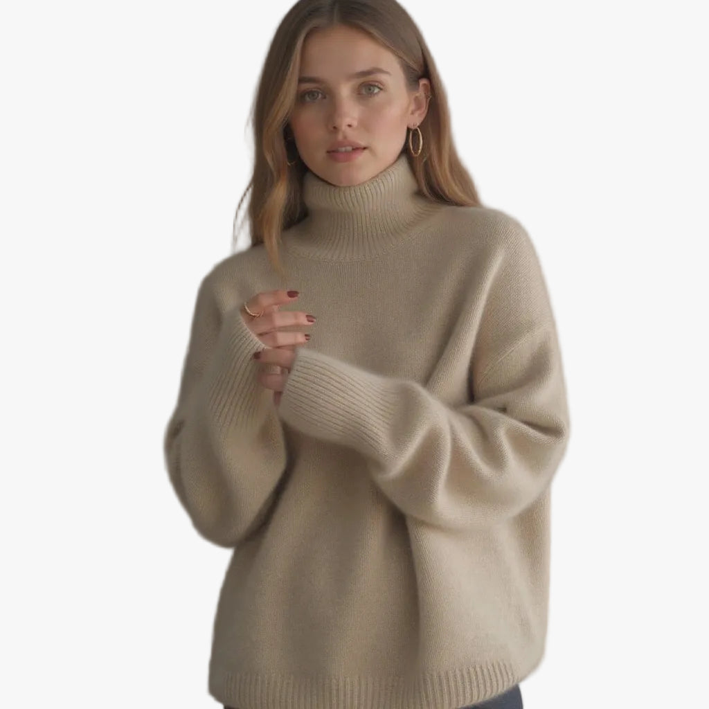 Women's Ribbed Knit Sweater with Turtleneck and Dropped Shoulders