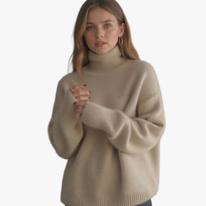 Women's Ribbed Knit Sweater with Turtleneck and Dropped Shoulders
