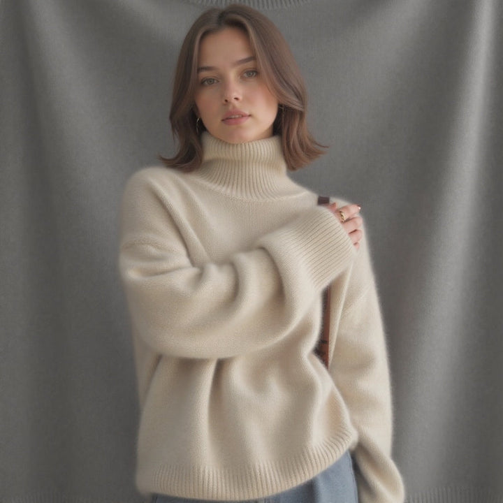 Women's Ribbed Knit Sweater with Turtleneck and Dropped Shoulders