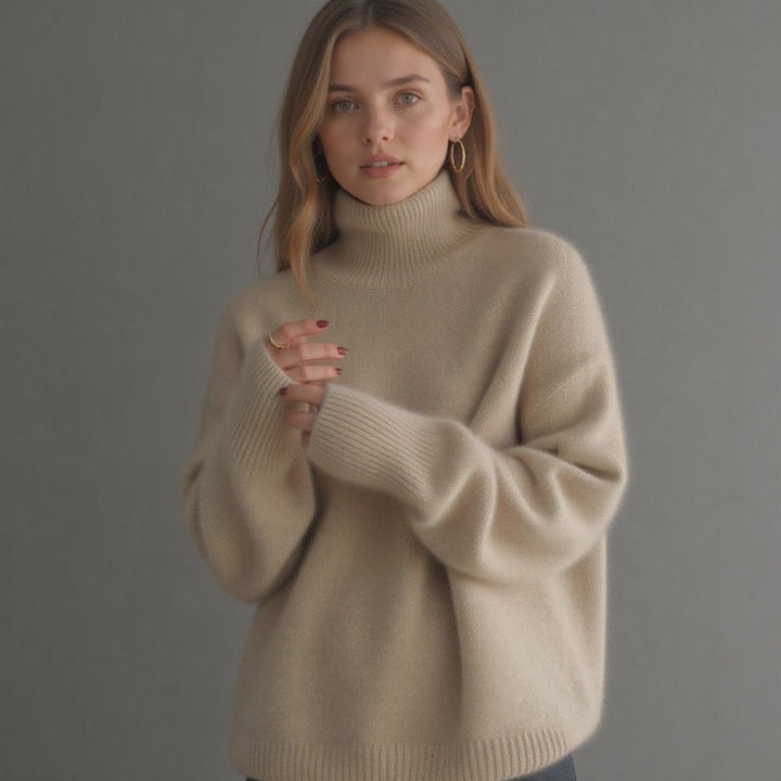 Women's Ribbed Knit Sweater with Turtleneck and Dropped Shoulders
