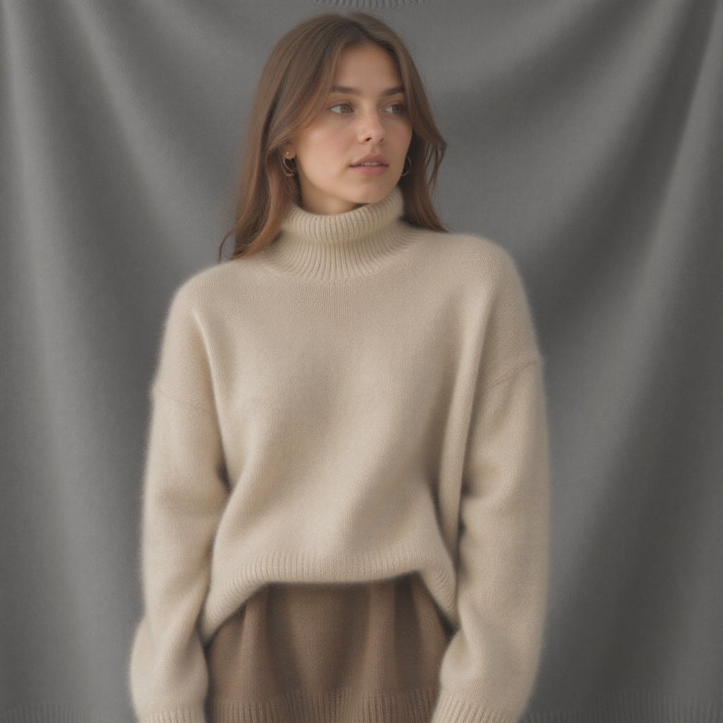 Women's Ribbed Knit Sweater with Turtleneck and Dropped Shoulders