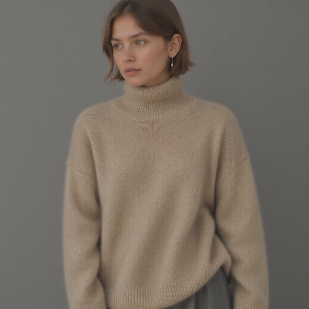 Women's Ribbed Knit Sweater with Turtleneck and Dropped Shoulders