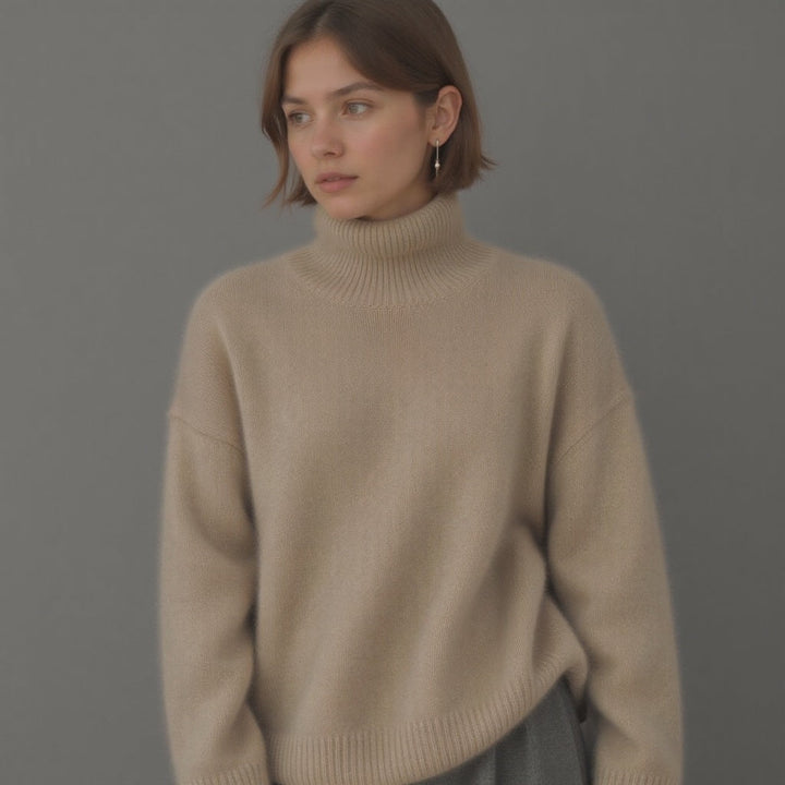 Women's Ribbed Knit Sweater with Turtleneck and Dropped Shoulders
