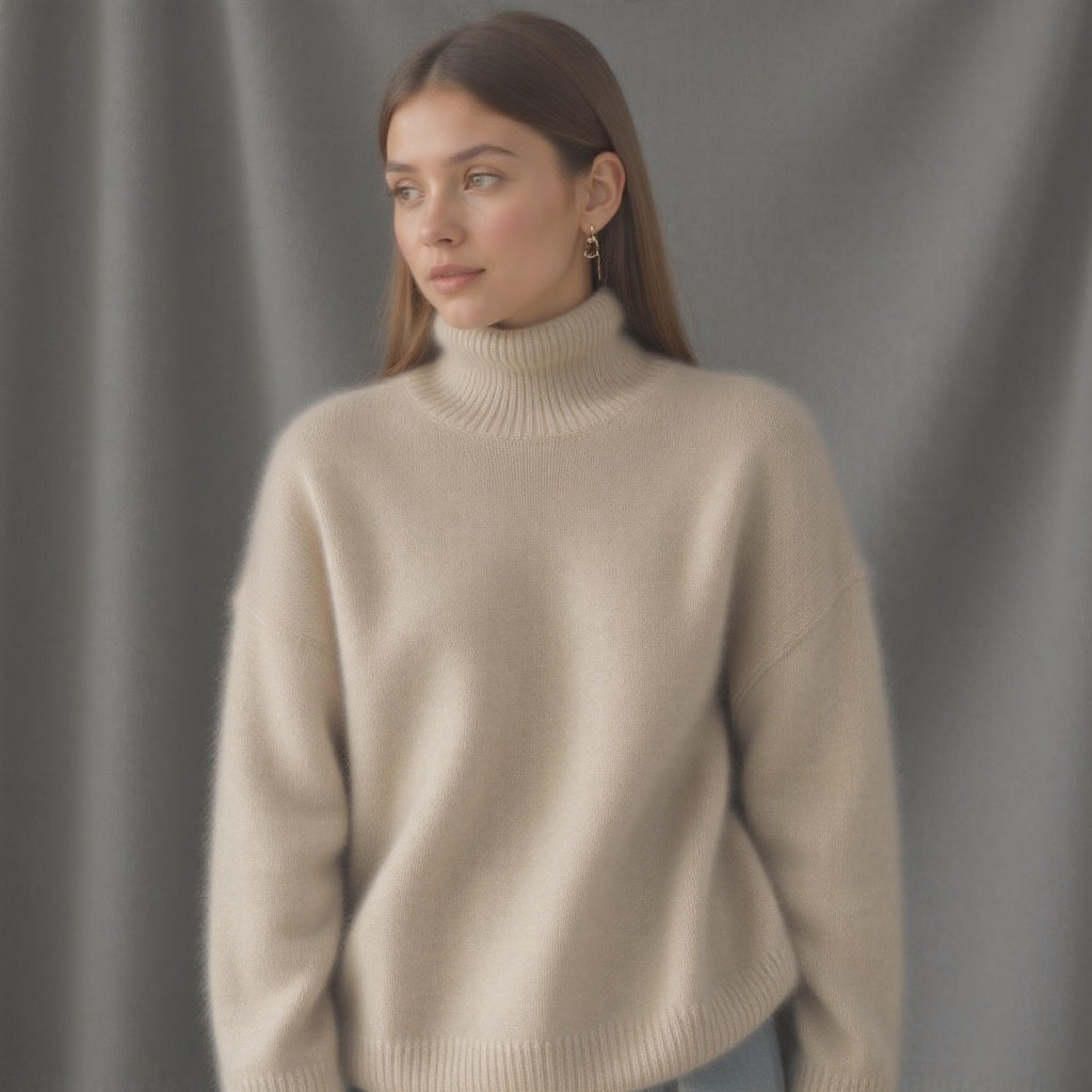 Women's Ribbed Knit Sweater with Turtleneck and Dropped Shoulders
