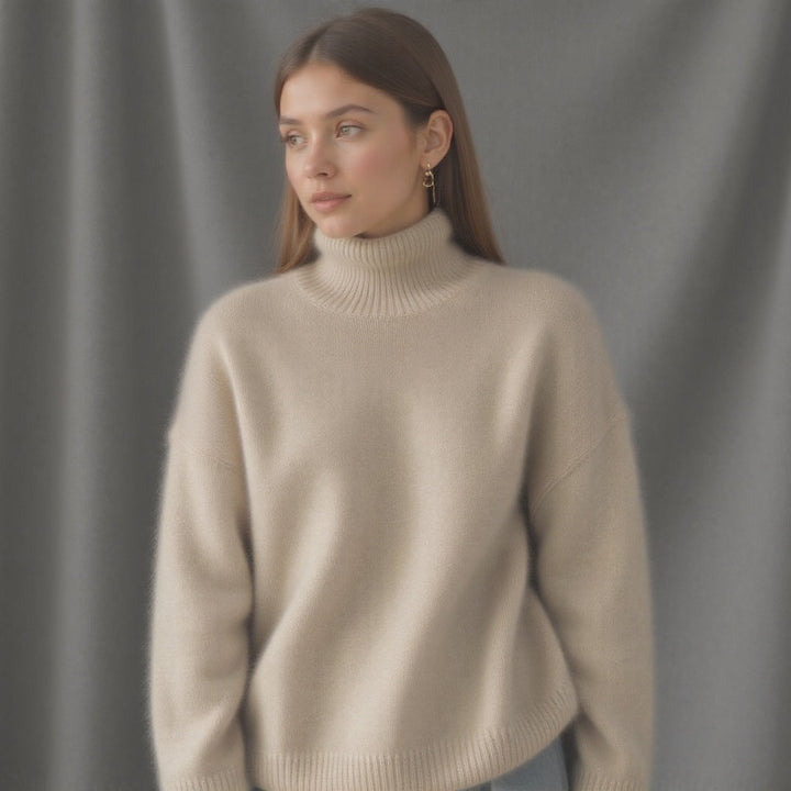 Women's Ribbed Knit Sweater with Turtleneck and Dropped Shoulders