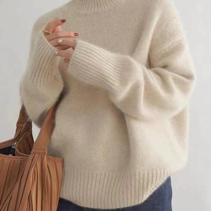Women's Ribbed Knit Sweater with Turtleneck and Dropped Shoulders