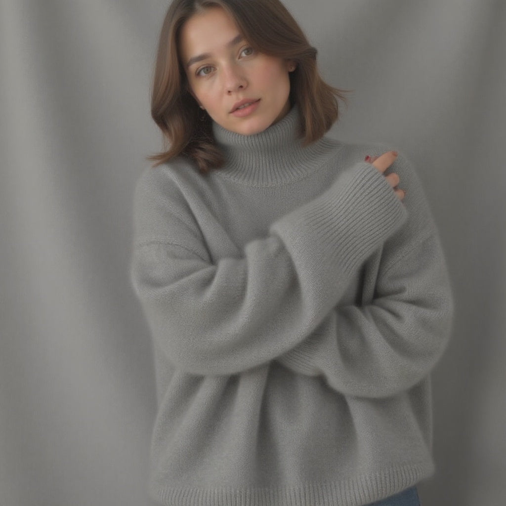 Women's Ribbed Knit Sweater with Turtleneck and Dropped Shoulders