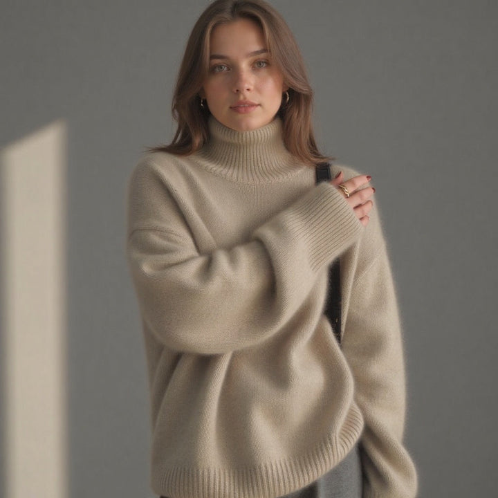 Women's Ribbed Knit Sweater with Turtleneck and Dropped Shoulders