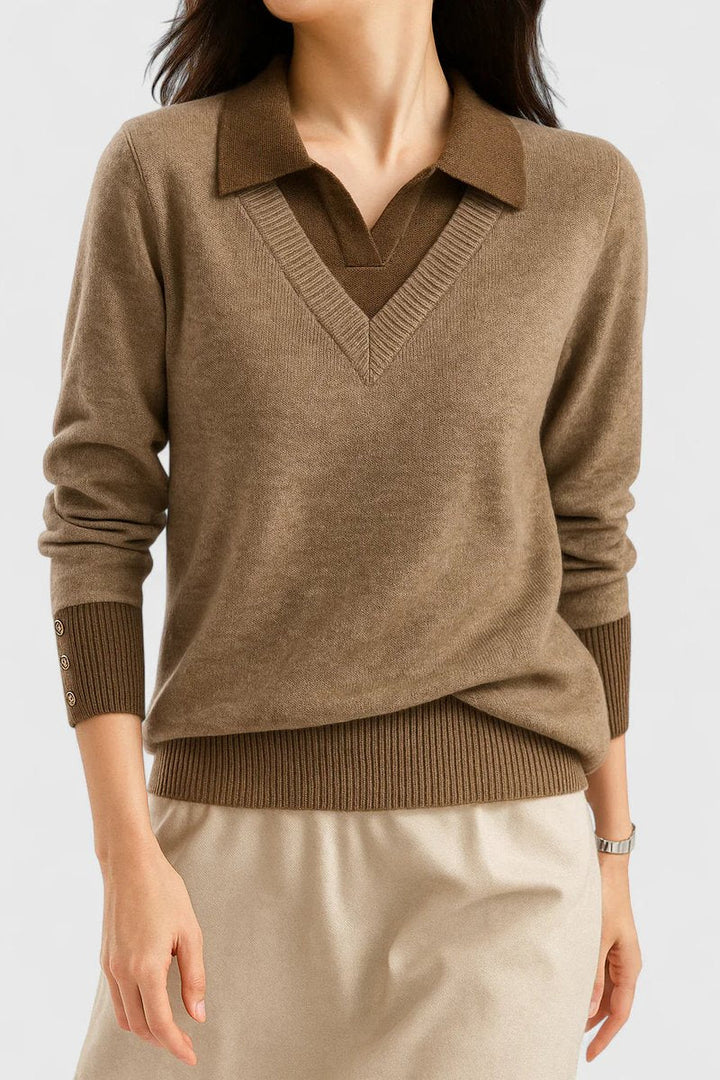 Camila | Women's V-Neck Polo Collar Sweater with Button Sleeves