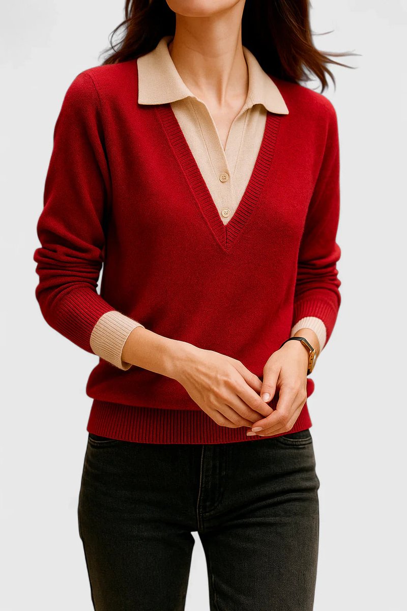 Camila | Women's V-Neck Polo Collar Sweater with Button Sleeves