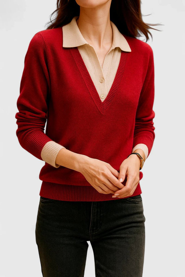Camila | Women's V-Neck Polo Collar Sweater with Button Sleeves