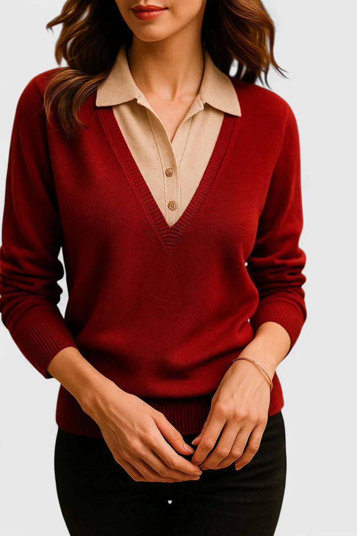 Camila | Women's V-Neck Polo Collar Sweater with Button Sleeves