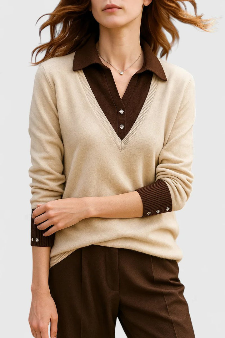 Camila | Women's V-Neck Polo Collar Sweater with Button Sleeves