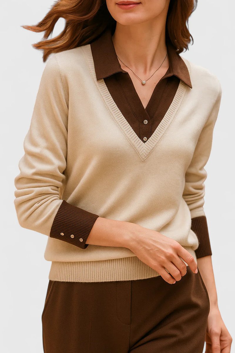 Camila | Women's V-Neck Polo Collar Sweater with Button Sleeves