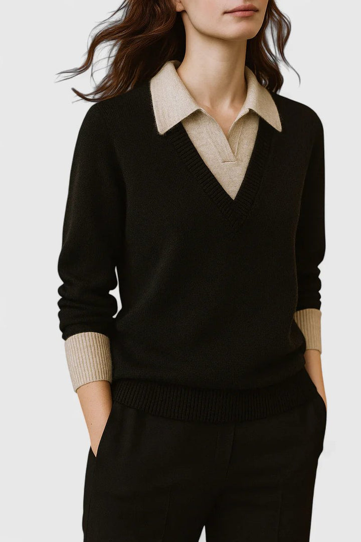 Camila | Women's V-Neck Polo Collar Sweater with Button Sleeves