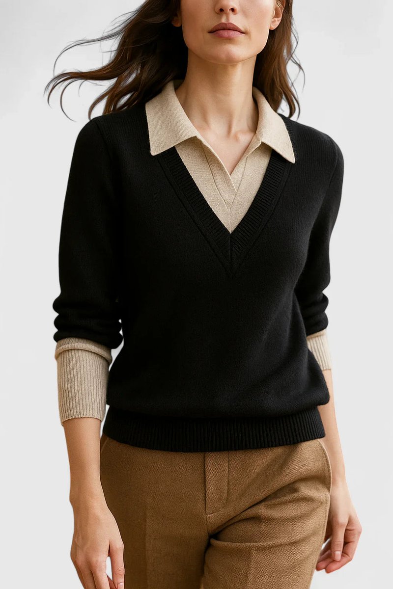 Camila | Women's V-Neck Polo Collar Sweater with Button Sleeves