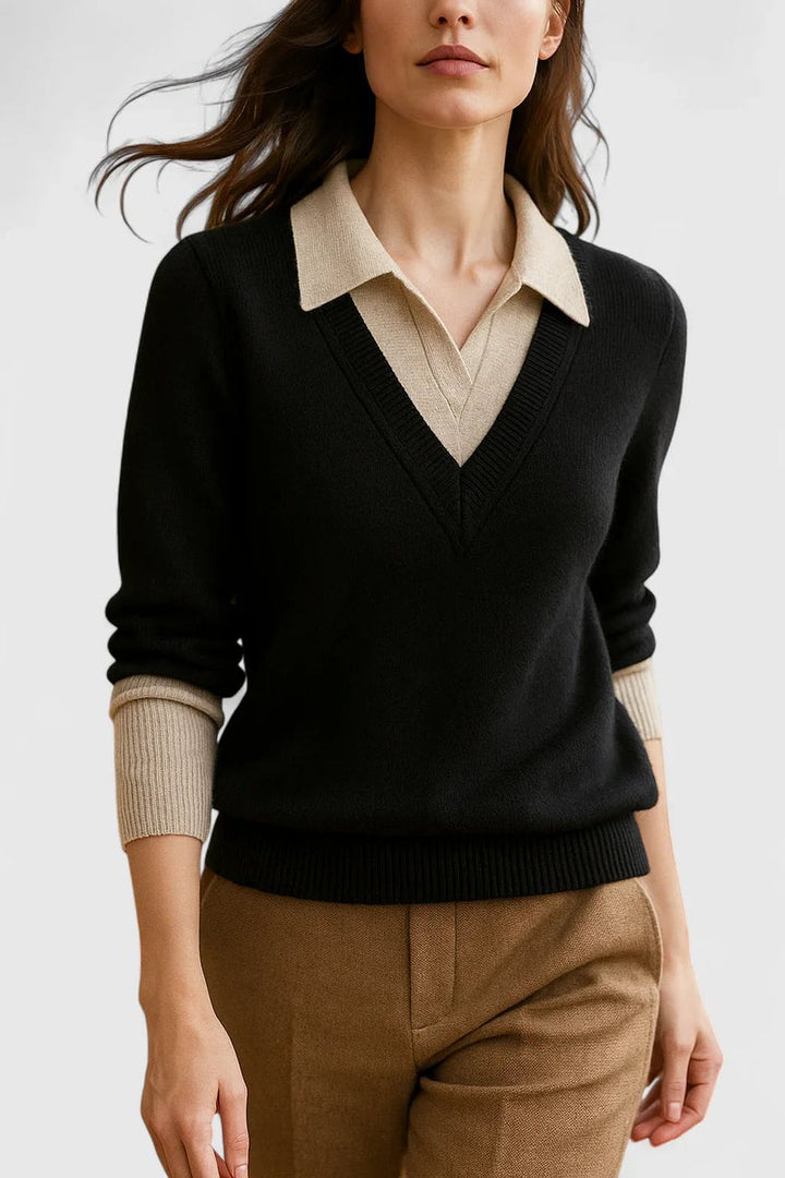 Camila | Women's V-Neck Polo Collar Sweater with Button Sleeves