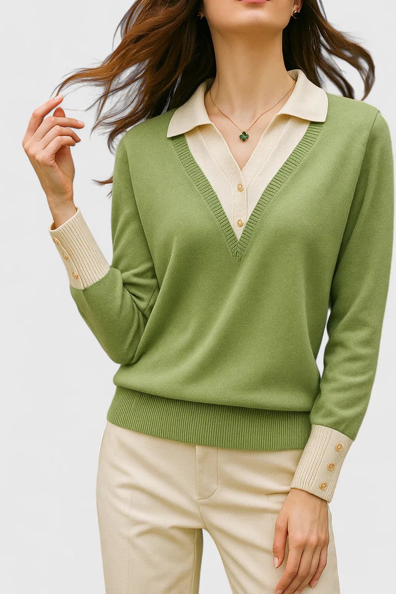 Camila | Women's V-Neck Polo Collar Sweater with Button Sleeves
