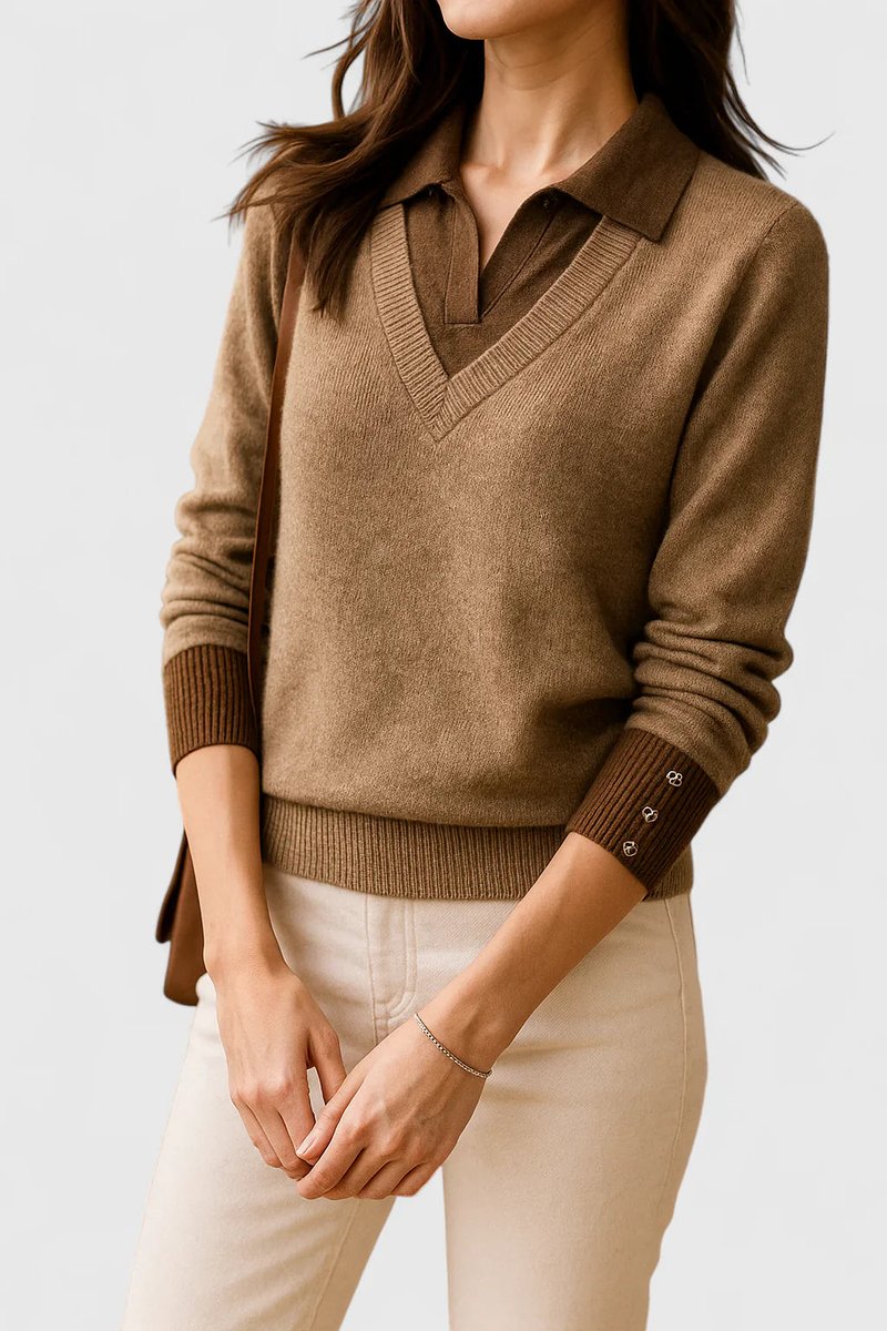 Camila | Women's V-Neck Polo Collar Sweater with Button Sleeves