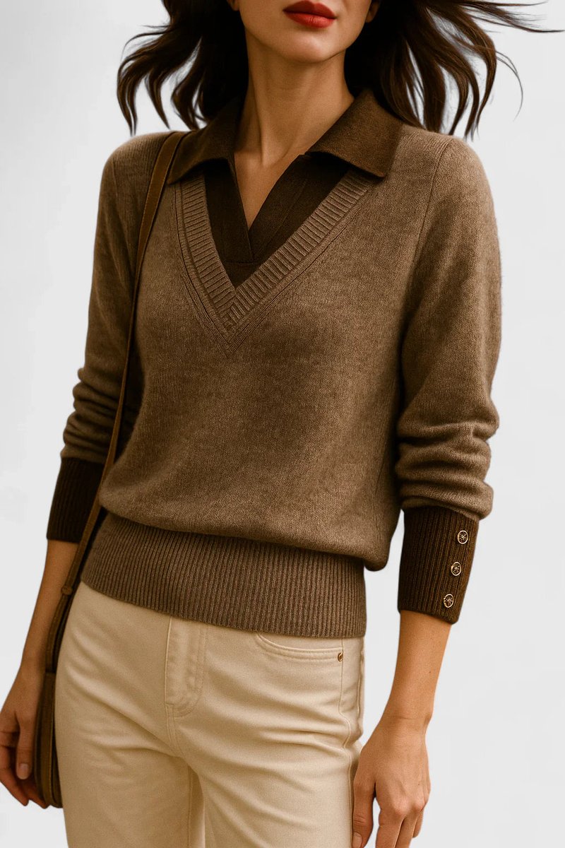 Camila | Women's V-Neck Polo Collar Sweater with Button Sleeves