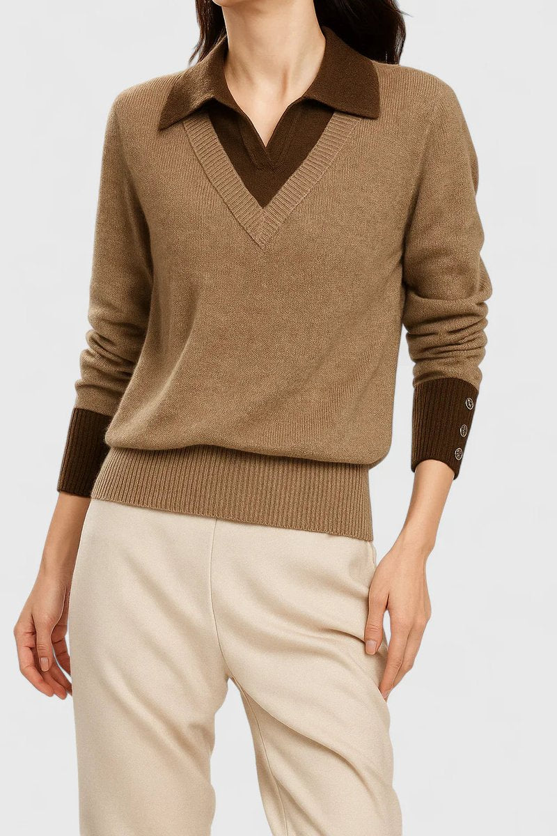 Camila | Women's V-Neck Polo Collar Sweater with Button Sleeves