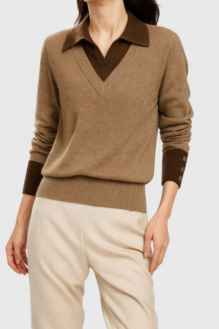 Camila | Women's V-Neck Polo Collar Sweater with Button Sleeves