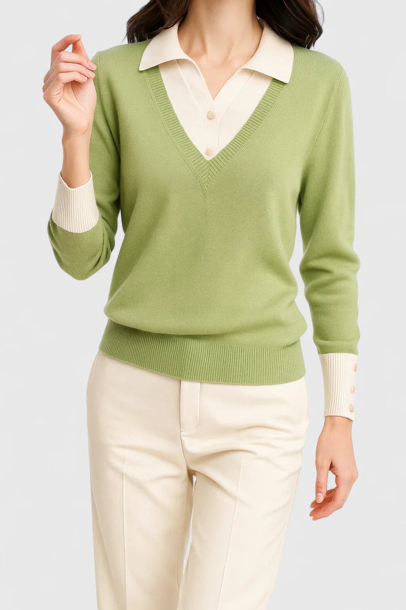 Camila | Women's V-Neck Polo Collar Sweater with Button Sleeves