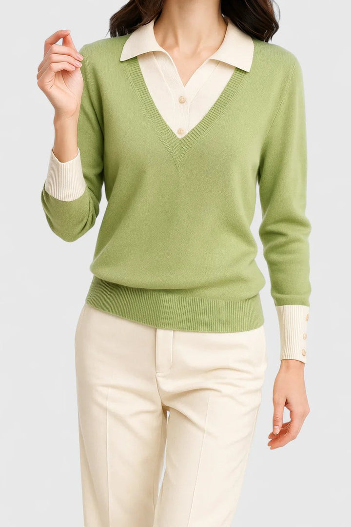 Camila | Women's V-Neck Polo Collar Sweater with Button Sleeves