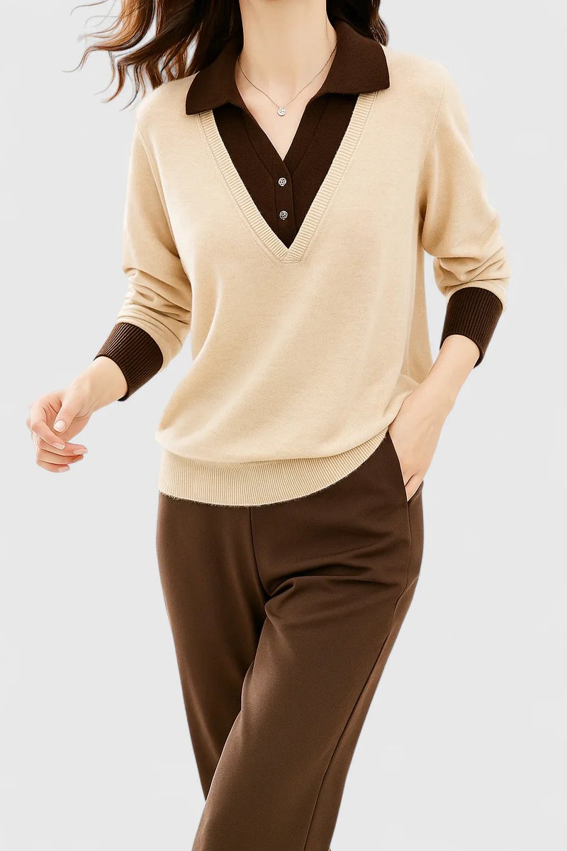 Camila | Women's V-Neck Polo Collar Sweater with Button Sleeves