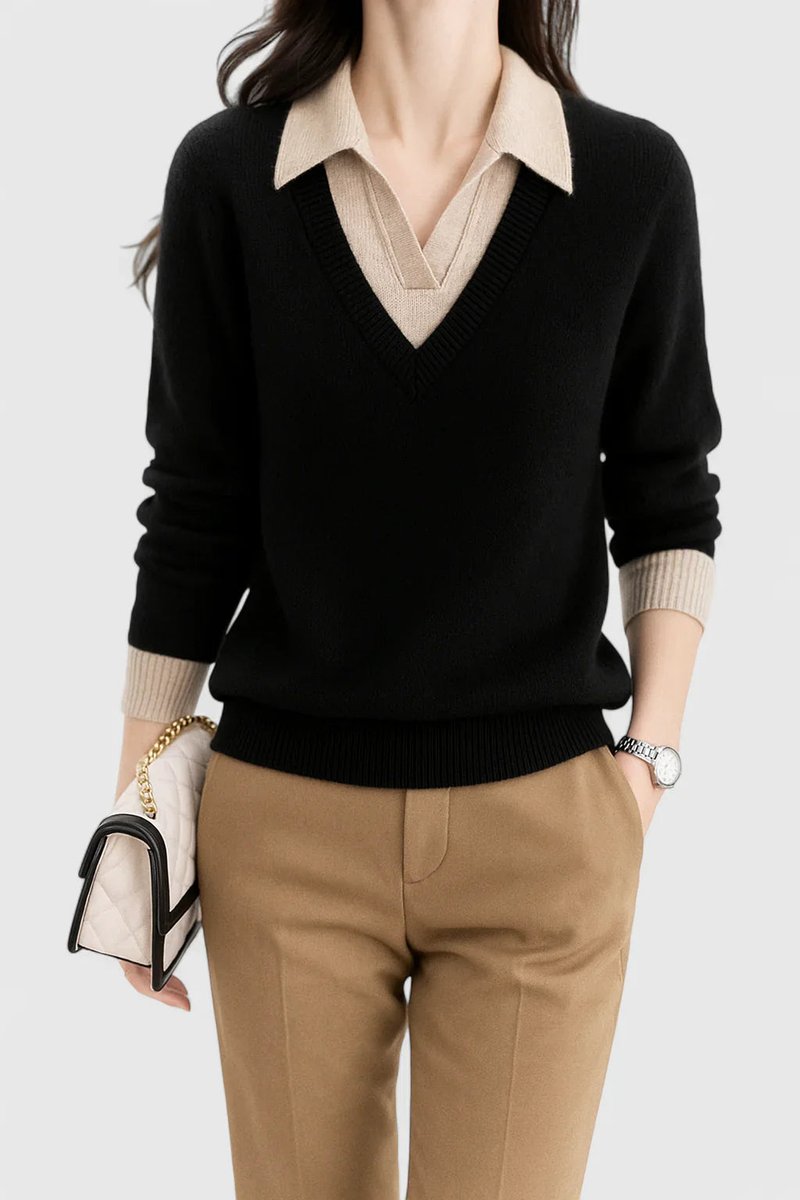 Camila | Women's V-Neck Polo Collar Sweater with Button Sleeves