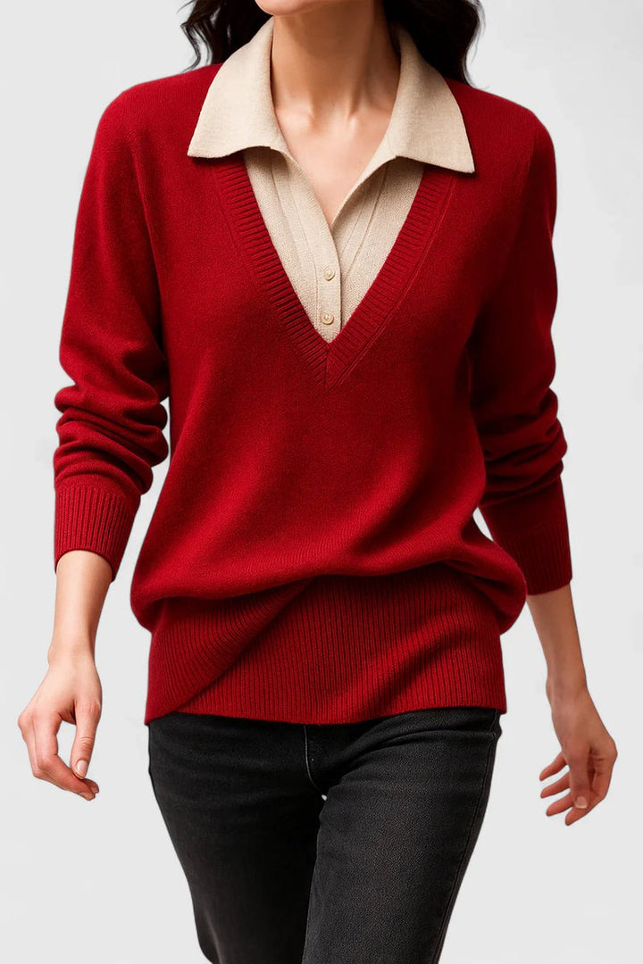 Camila | Women's V-Neck Polo Collar Sweater with Button Sleeves