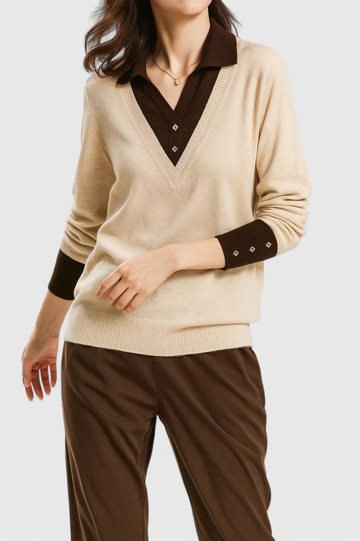 Camila | Women's V-Neck Polo Collar Sweater with Button Sleeves