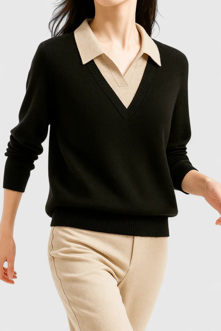 Camila | Women's V-Neck Polo Collar Sweater with Button Sleeves