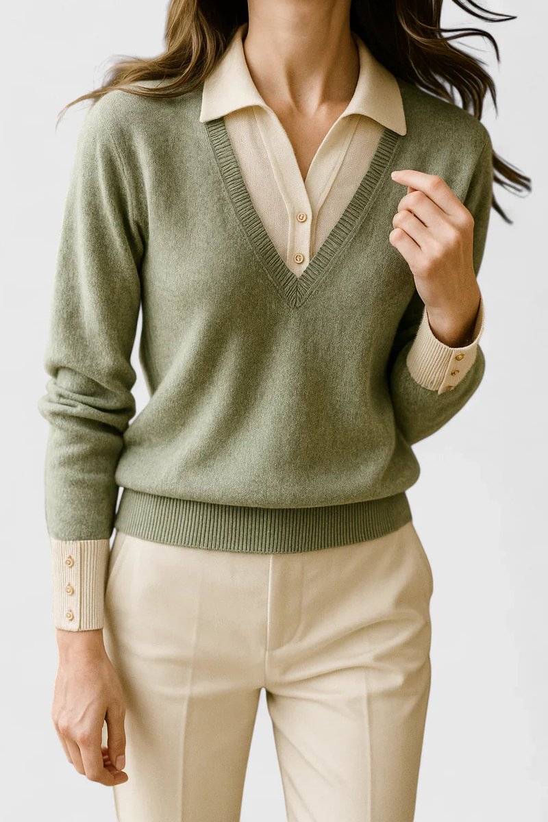 Camila | Women's V-Neck Polo Collar Sweater with Button Sleeves