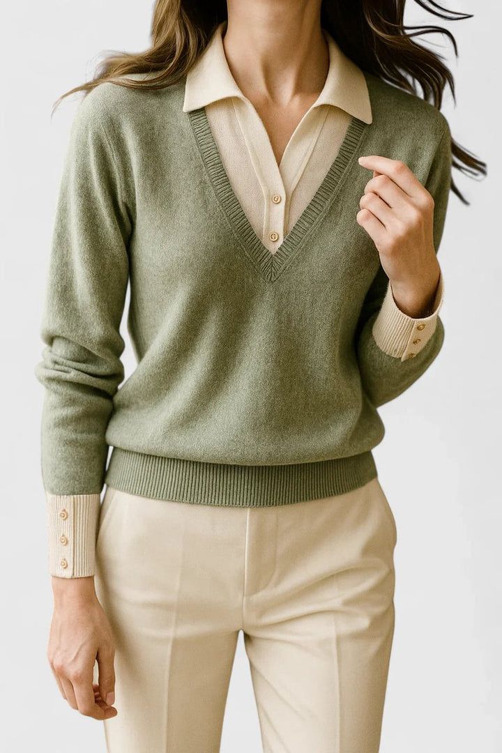 Camila | Women's V-Neck Polo Collar Sweater with Button Sleeves