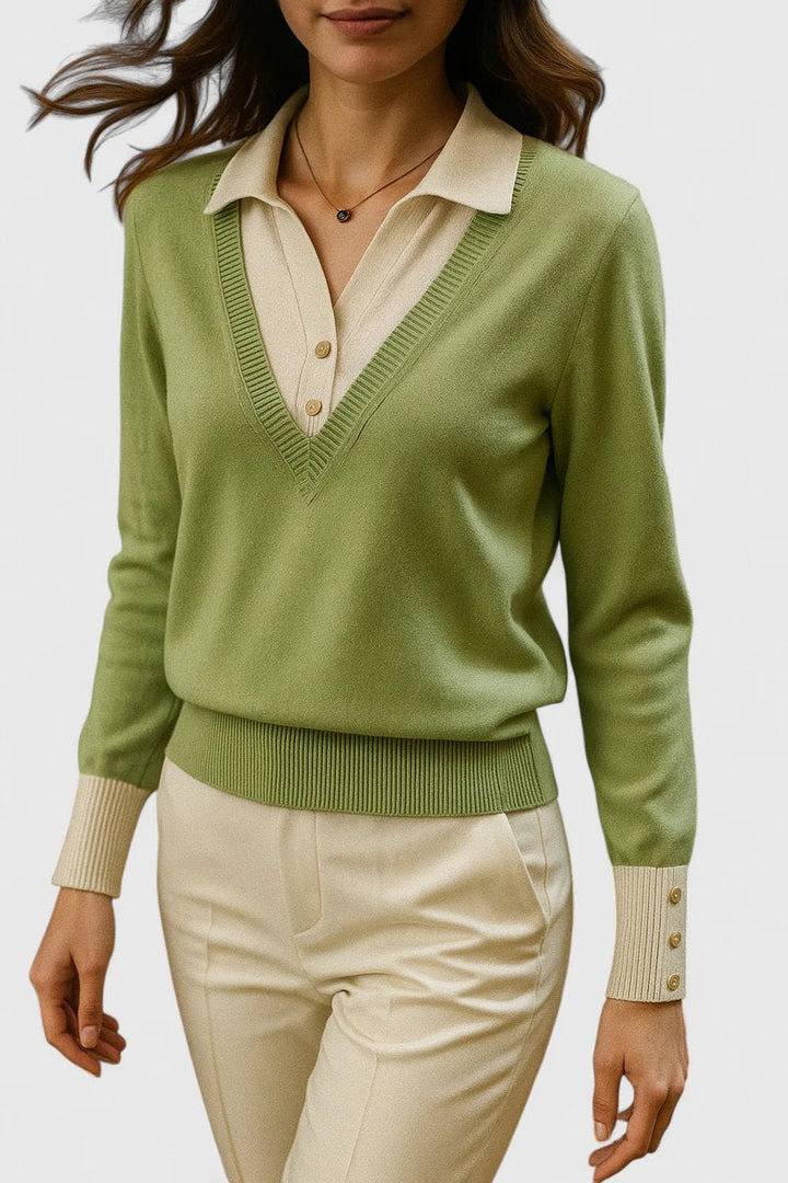 Camila | Women's V-Neck Polo Collar Sweater with Button Sleeves