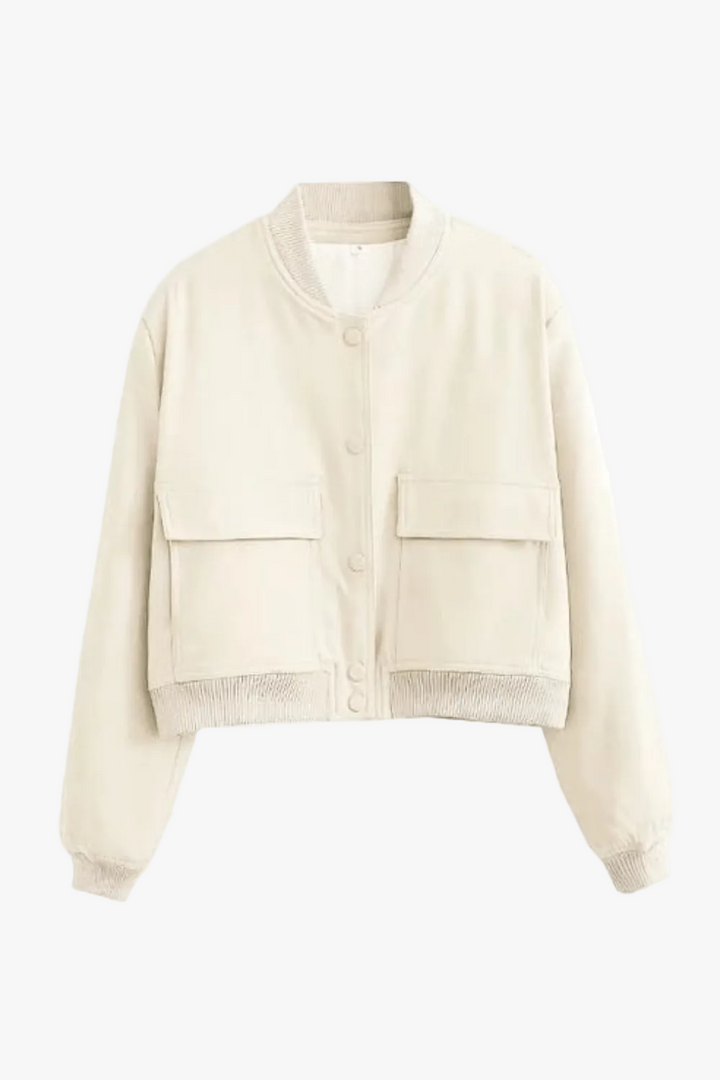 Women's Woven Bomber Jacket with Snap Closure and Ribbed Finish
