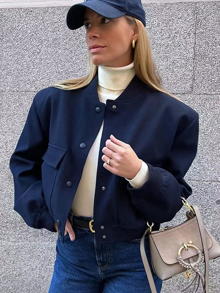 Women's Woven Bomber Jacket with Snap Closure and Ribbed Finish