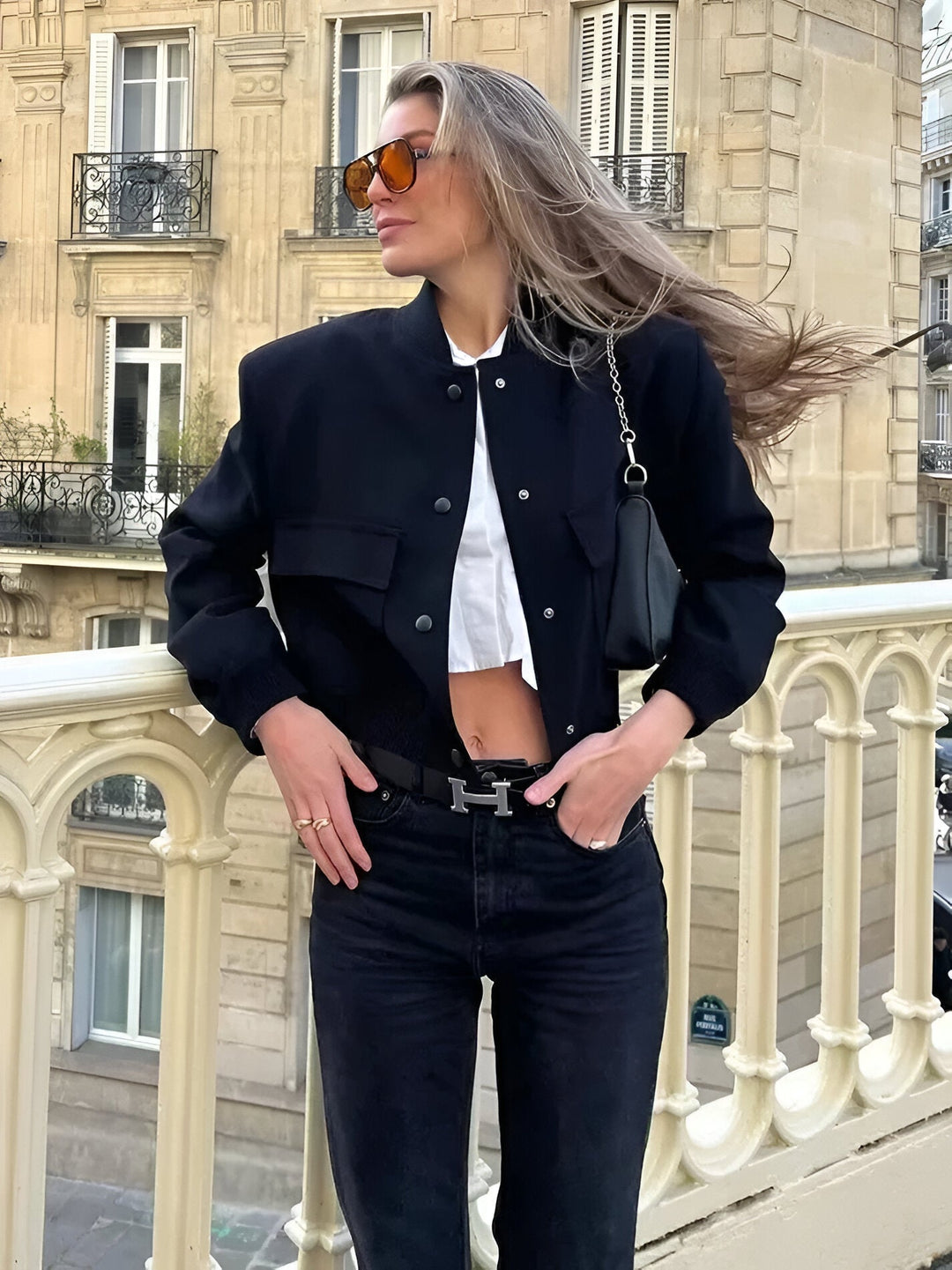 Women's Woven Bomber Jacket with Snap Closure and Ribbed Finish